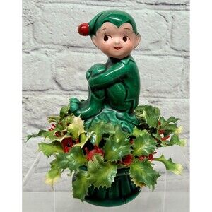 Inarco Japan Elf Pixie Knee Hugger Holly Berry Christmas Figurine 4.5"